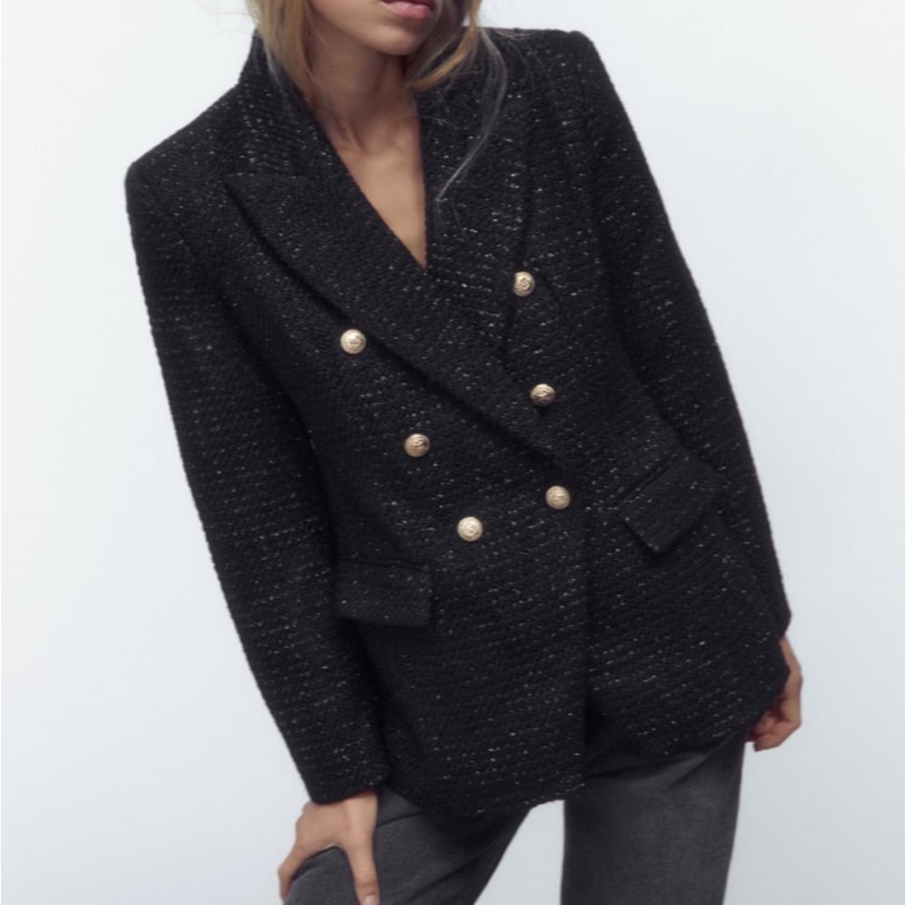 Zara black tweed shimmery double breasted textured weave jacket blazer
